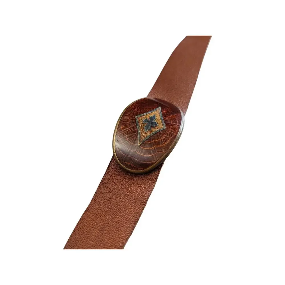 Vintage Austria Artisan Boho Tribal Bracelet Leather Brass Copper Wood Grain